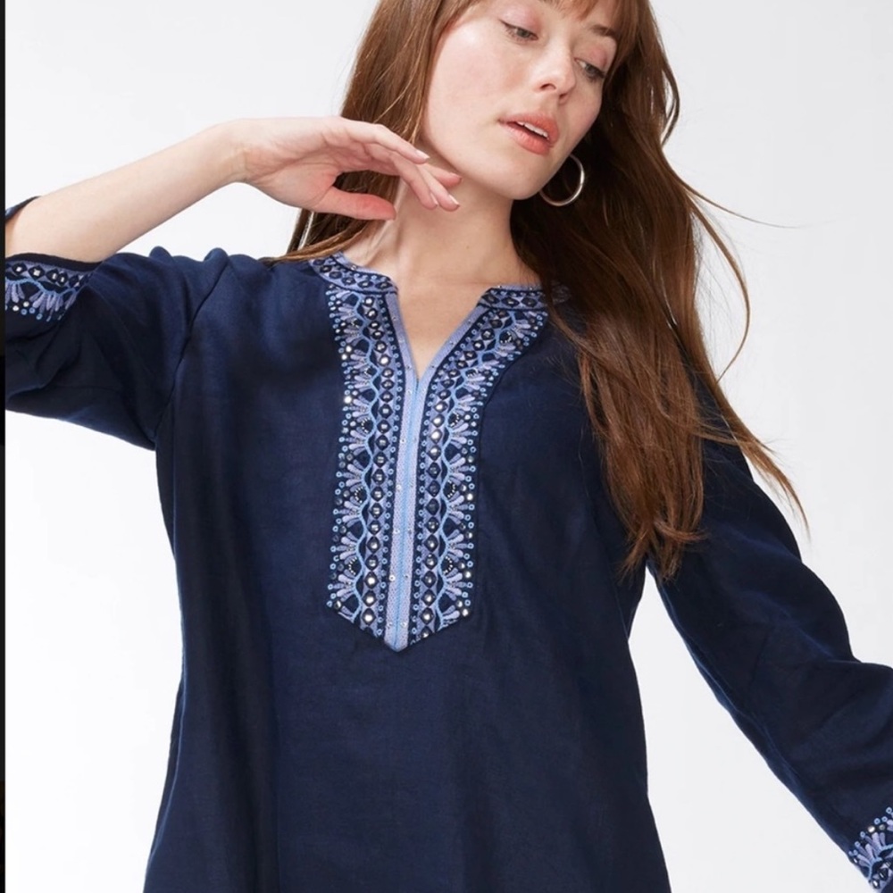 Chico’s Navy Blue Embellished Beaded Linen Dress - Picture 16 of 16